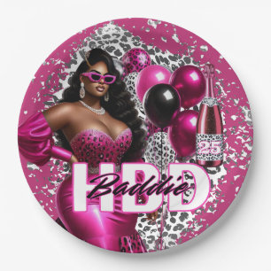 Verjaardag Baddie Black Woman Pink & Leopard Papieren Bordje