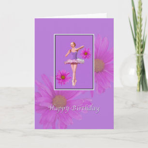Verjaardag, ballerina met roze madeliefjes kaart