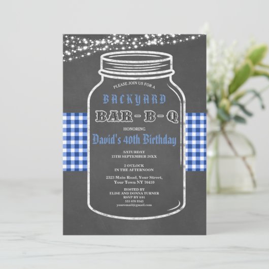 Verjaardag BARBECUE Mason Pot Gingham Uitnodiging (Staand voorkant)