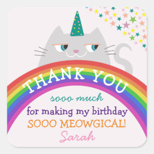 Verjaardag Bedankt Sticker Regenboog Kat Schattig