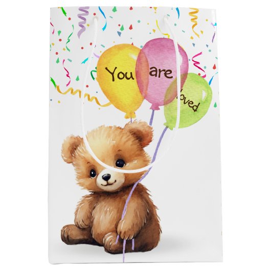 Verjaardag Beer met ballonnen en Confetti Medium Cadeauzakje (Voorkant)