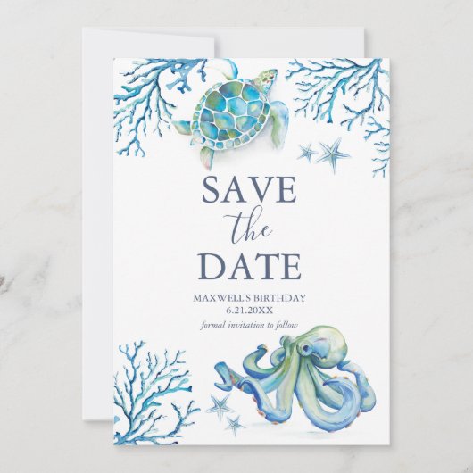Verjaardag Bewaar de datumkaarten onder het Zee Save The Date (Voorkant)