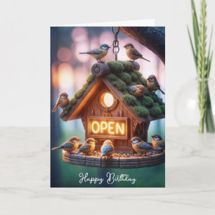 Verjaardag Birdhouse met Neon Open Sign Kaart