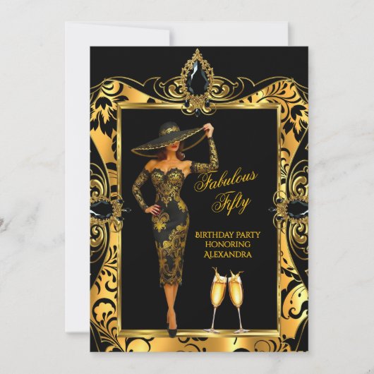 Verjaardag Black Gold Damask Champagne Kaart (Voorkant)