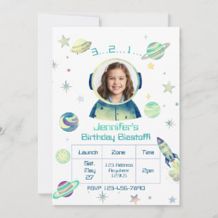Verjaardag Blastoff Aquarel Ruimte met Afbeelding Kaart