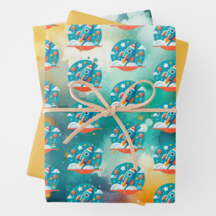 Verjaardag Blastoff: Rocket Ship Adventure Pattern Inpakpapier Vel