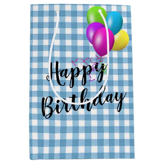Verjaardag Blauw en Wit Gingham Medium Cadeauzakje (Voorkant)