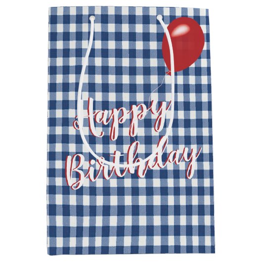 Verjaardag Blauw en Wit Gingham Medium Cadeauzakje (Voorkant)