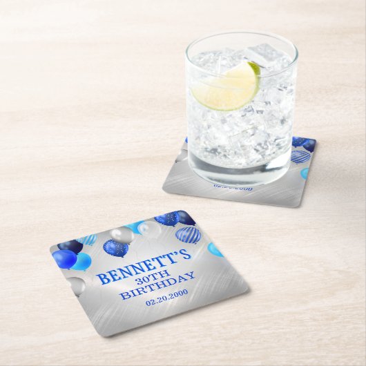 Verjaardag blauwe ballonnen servetten vierkante kartonnen onderzetter (Insitu)