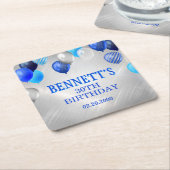 Verjaardag blauwe ballonnen servetten vierkante kartonnen onderzetter (Schuin)