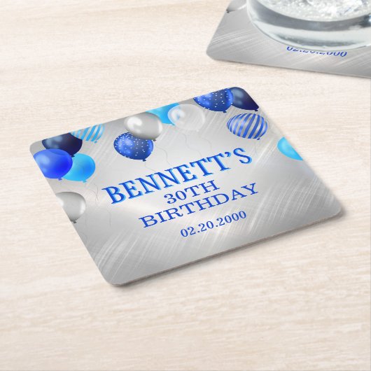 Verjaardag blauwe ballonnen servetten vierkante kartonnen onderzetter (Schuin)