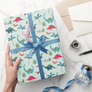 Verjaardag blauwe jongen met leuke dinosaurus cadeaupapier