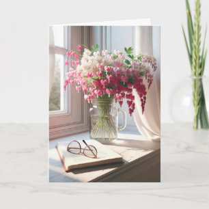 Verjaardag bloedend hart boeket met boek kaart