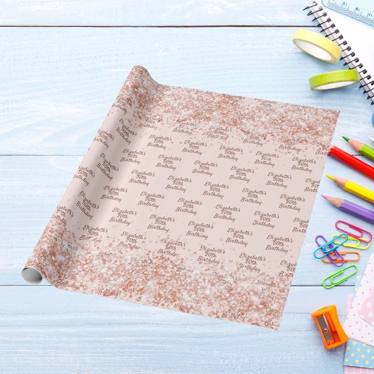 Verjaardag blush roze gouden glitters naam cadeaupapier