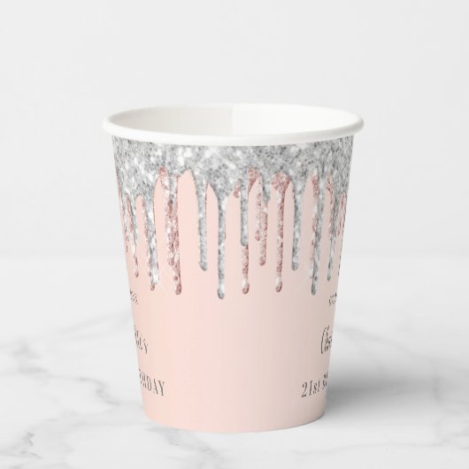 Verjaardag blush roze zilveren glitter druppels papieren bekers (Links)
