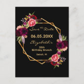 Verjaardag bordeaux bloemenzwart Save the Date Briefkaart (Voorkant)