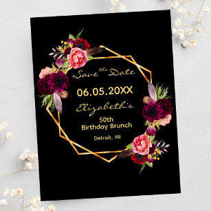 Verjaardag bordeaux bloemenzwart Save the Date Briefkaart