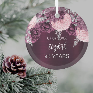Verjaardag bordeaux roze bloemen naam glas ornament