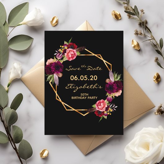 Verjaardag bordeauxrood zwart Save the Date kaart