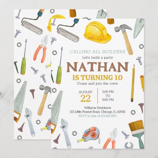 Verjaardag bouwgereedschap kaart (Voorkant / Achterkant)