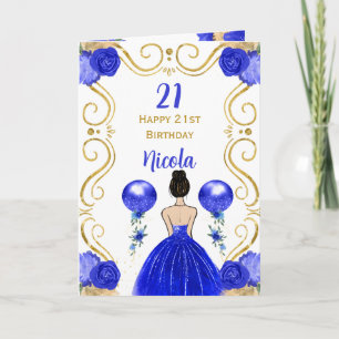 Verjaardag Brown Hair Princess Blue Happy Birthday Kaart