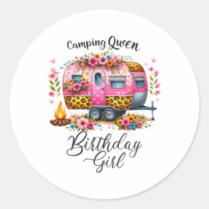 Verjaardag Camping Koningin Kamp Roze Bloemige Van Ronde Sticker