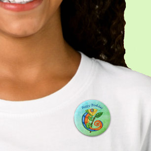 Verjaardag Cartoon Lizard Bright Colors op Leaf Ronde Button 5,7 Cm