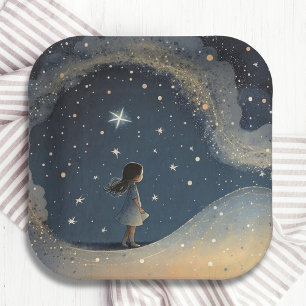 Verjaardag Celestial Star Waterverf Meisje Modern Papieren Bordje