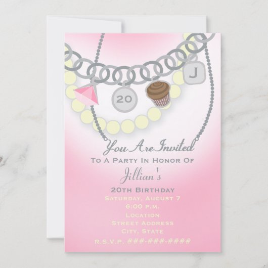 Verjaardag Charm Armband & Parels Sieraden Invite Kaart (Voorkant)