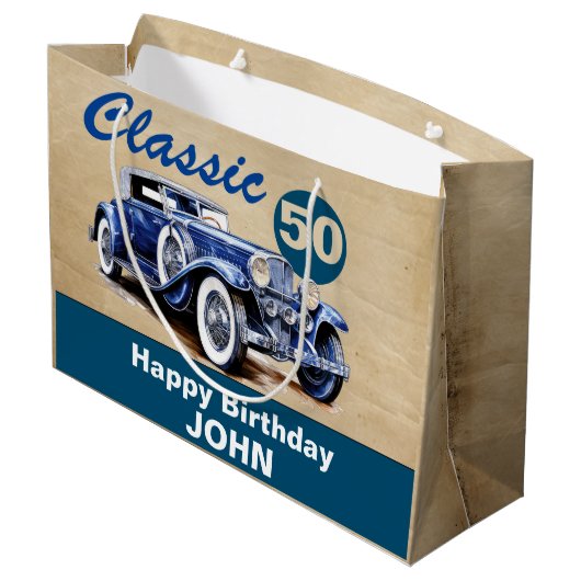 Verjaardag, Classic Blue Car Groot Cadeauzakje (Achterkant Gekanteld)