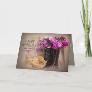 Verjaardag, cowgirl, laarzen, bloemen / lila's / t kaart