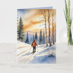 Verjaardag Cross Country Skier Waterverf Feestdagen Kaart