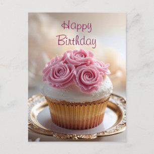 Verjaardag Cupcake met Roze Crème Rozen Briefkaart