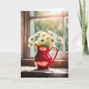 Verjaardag Daisy boeket in rode pitcher Kaart