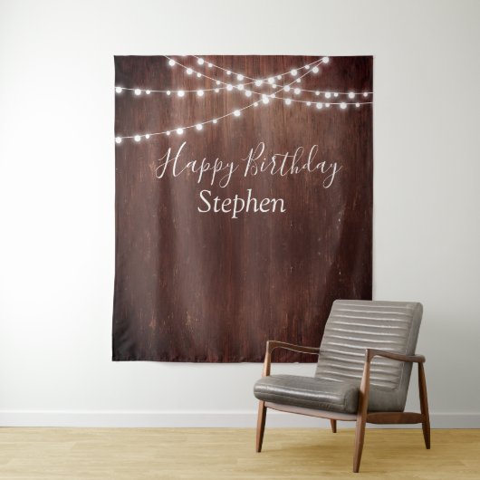 Verjaardag Dark Rustic String Lights Hout Custom Wandkleed (In situ)