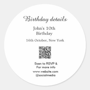 Verjaardag details 10e verjaardag scan QR websiteR Ronde Sticker