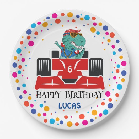 Verjaardag Dinosaur race auto jongen rood racing k Papieren Bordje (Voorkant)