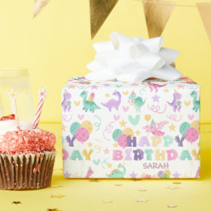 Verjaardag Dinosaurus Pastel Groen Roze Kinderen Cadeaupapier