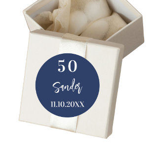 Verjaardag donkerblauw wit script minimalist ronde sticker