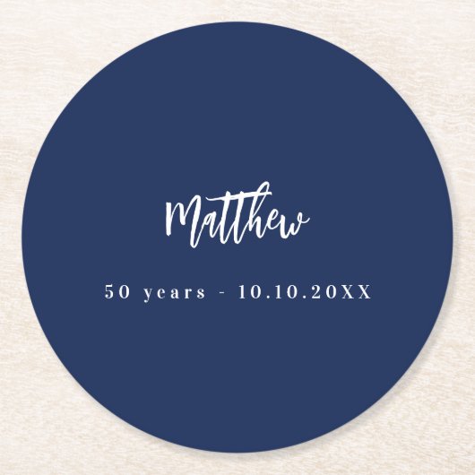 Verjaardag donkerblauw wit script minimalistisch ronde kartonnen onderzetter (Voorkant)