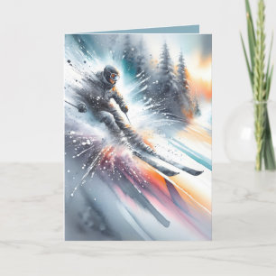 Verjaardag Downhill Skier Waterverf Feestdagen Kaart