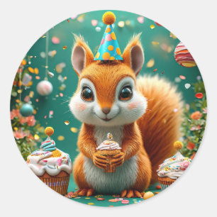 Verjaardag Eekhoorn Schattig Bosdier Feestje Ronde Sticker