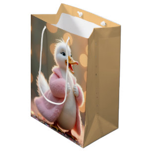 Verjaardag eend in een roze bontjas medium cadeauzakje