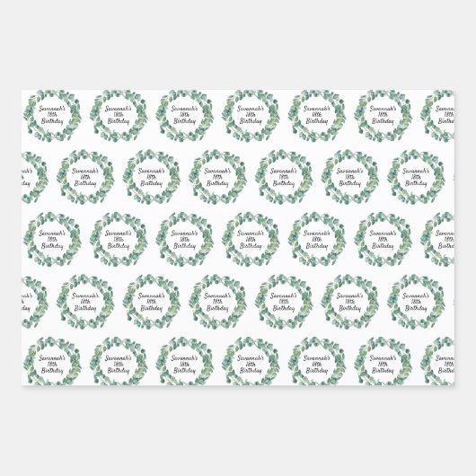 Verjaardag eucalyptus groen krans naam script inpakpapier vel (Voorkant 2)