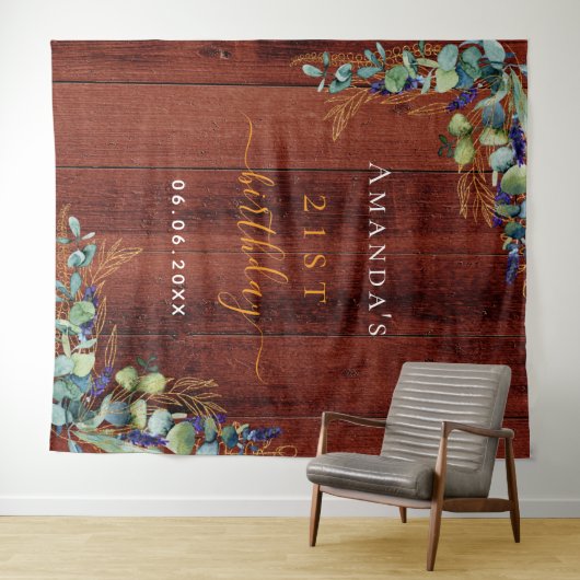 Verjaardag eucalyptus groen rustiek bruin hout wandkleed (In Situ (horizontaal))