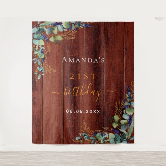 Verjaardag eucalyptus groen rustiek bruin hout wandkleed (Voorkant)