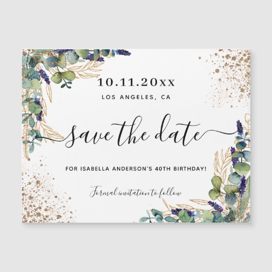 Verjaardag eucalyptus save the date magneet (Voorkant)