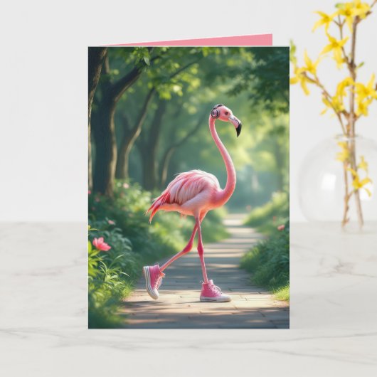Verjaardag Flamingo met hoofdtelefoon en Sneakers Kaart (Gele Bloem)