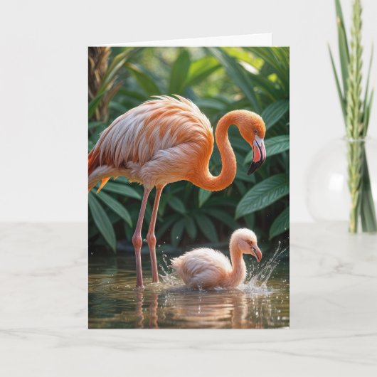 Verjaardag Flamingo Moeder en Kuiken Kaart (Voorkant)