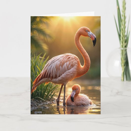 Verjaardag Flamingo Moeder en Kuiken Kaart (Voorkant)